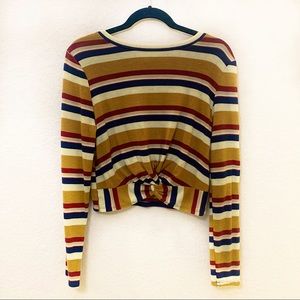 Long Sleeve, Tie Front, Striped Crop Top
